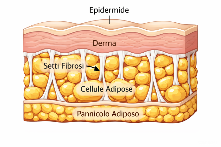 Sezione dei tessuti che mostra i setti fibrosi e le cellule adipose responsabili dell'effetto materasso buccia d'arancia tipico della cellulite