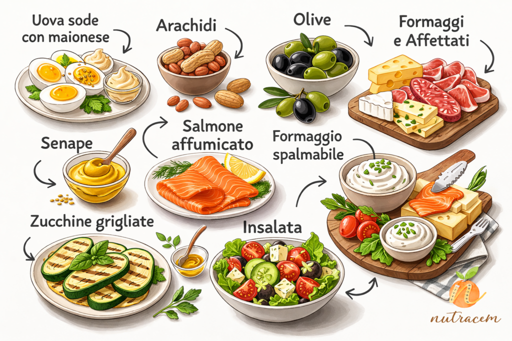 Aperitivo compatibile con dieta chetogenica con formaggi, salumi, olive e uova ripiene su tavolo