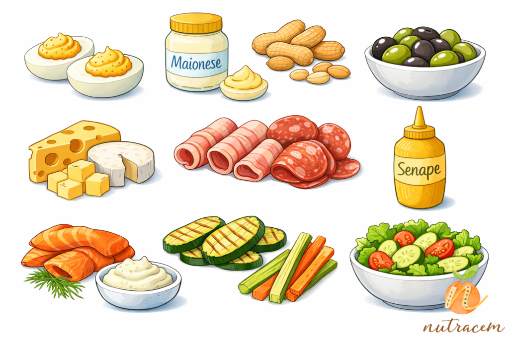 Aperitivo chetogenico con  formaggi, salumi, olive e uova ripiene su tavolo