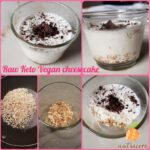Cheesecake chetogenica vegana e crudista in bicchiere, con base di frutta secca, crema di cocco e guarnizione di lamponi e cioccolato fondente