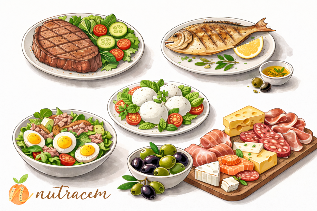 Piatto chetogenico al ristorante con carne alla griglia, verdure e insalata senza pane