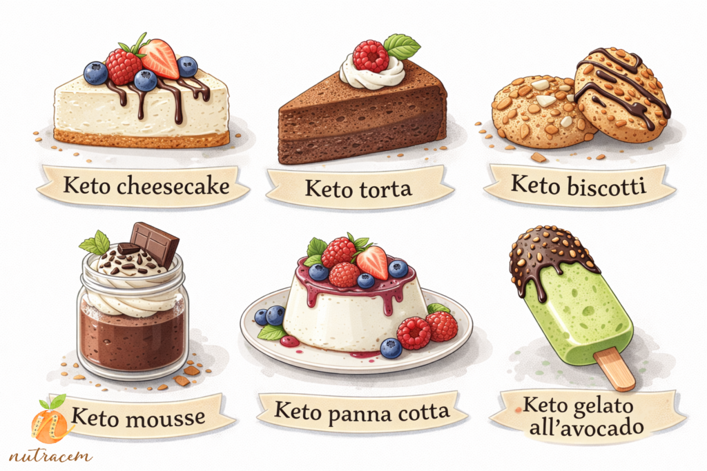 Varietà di dolci chetogenici fatti in casa: cheesecake, panna cotta, mousse, biscotti e dessert a base di avocado e cioccolato fondente