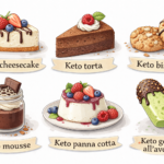 Varietà di dolci chetogenici fatti in casa: cheesecake, panna cotta, mousse, biscotti e dessert a base di avocado e cioccolato fondente